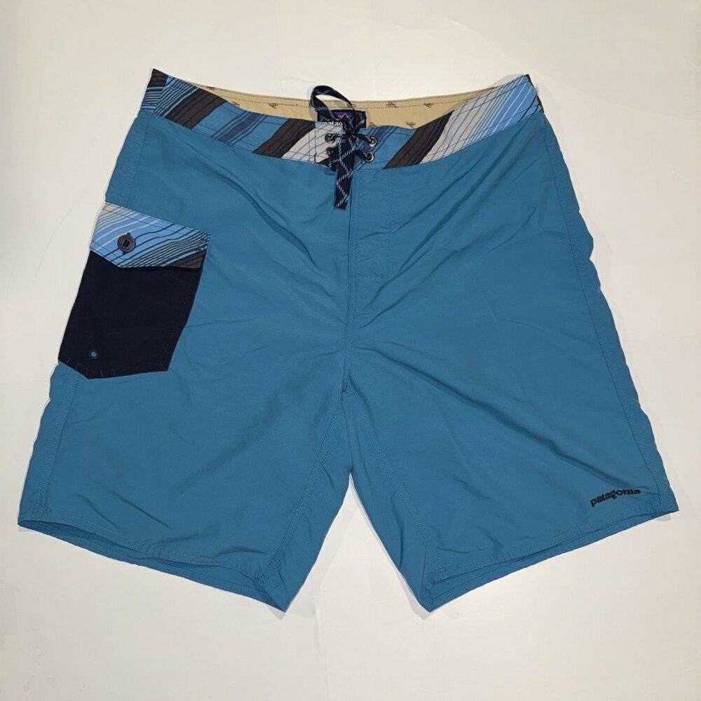 PATAGONIA Blue Board Shorts Lightweight Nylon Cargo Pocket Tie Mens Size 35